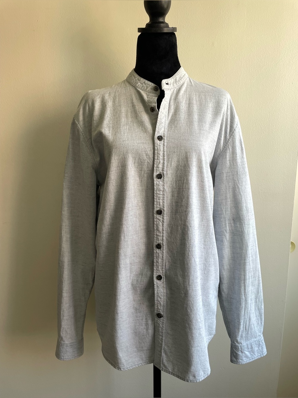 Frank And Oak Band Collar Shirt Gray Melange Cotton Regular Fit Size M